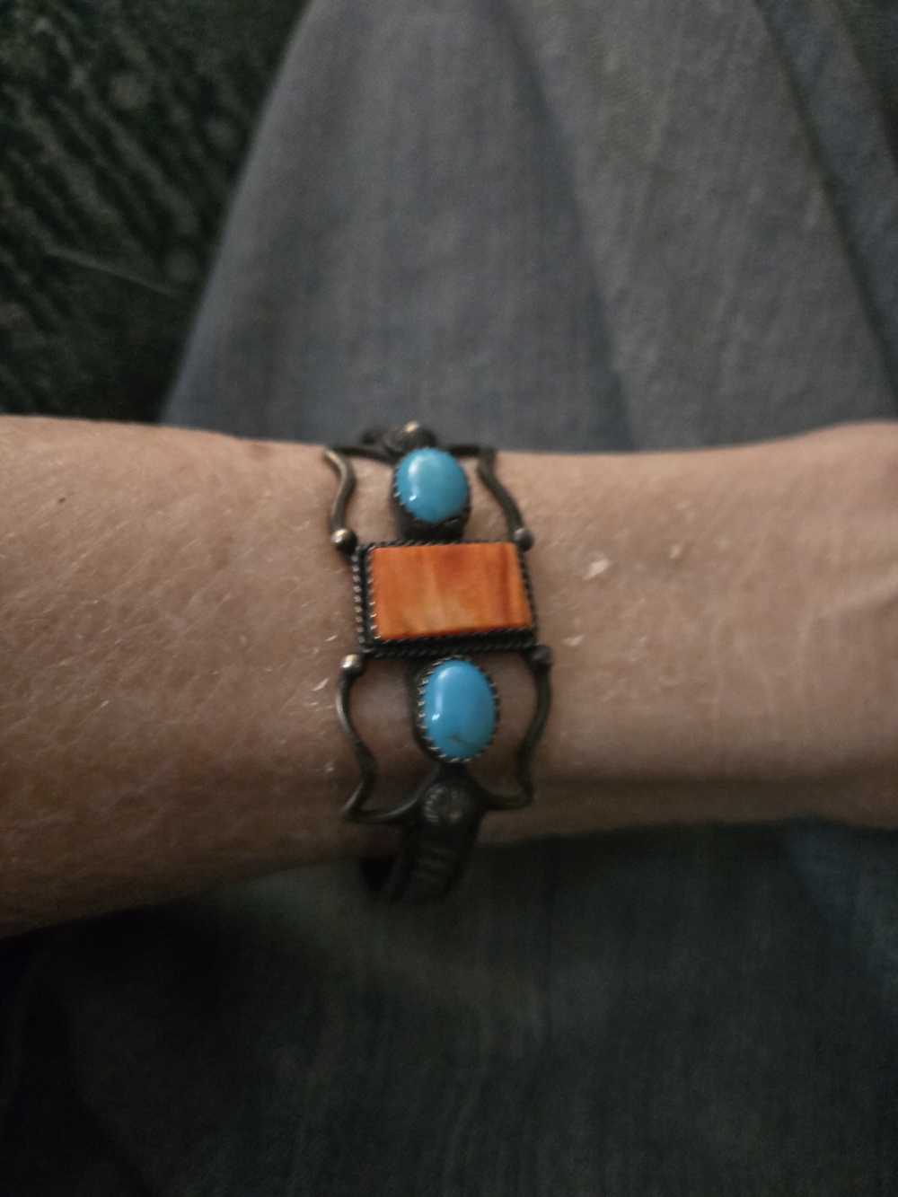 Turquoise & Orange Stone Silver-Tone Cuff Bracelet - Women Jewelry